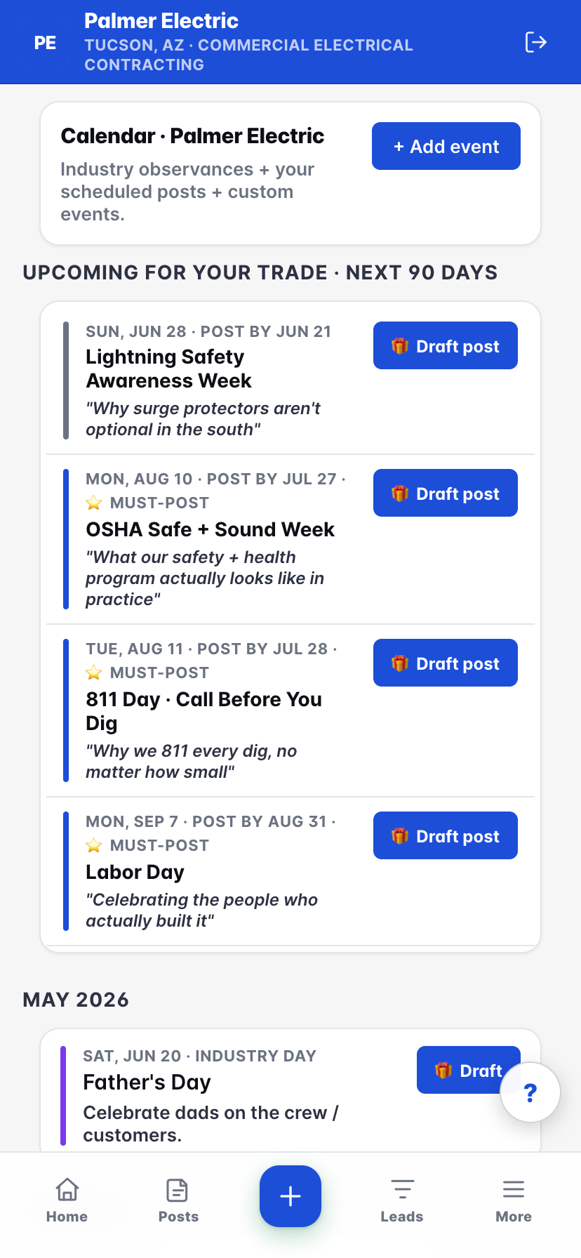 Industry calendar with OSHA Safe + Sound Week, 811 Day, Labor Day, Father's Day, and Independence Day events
