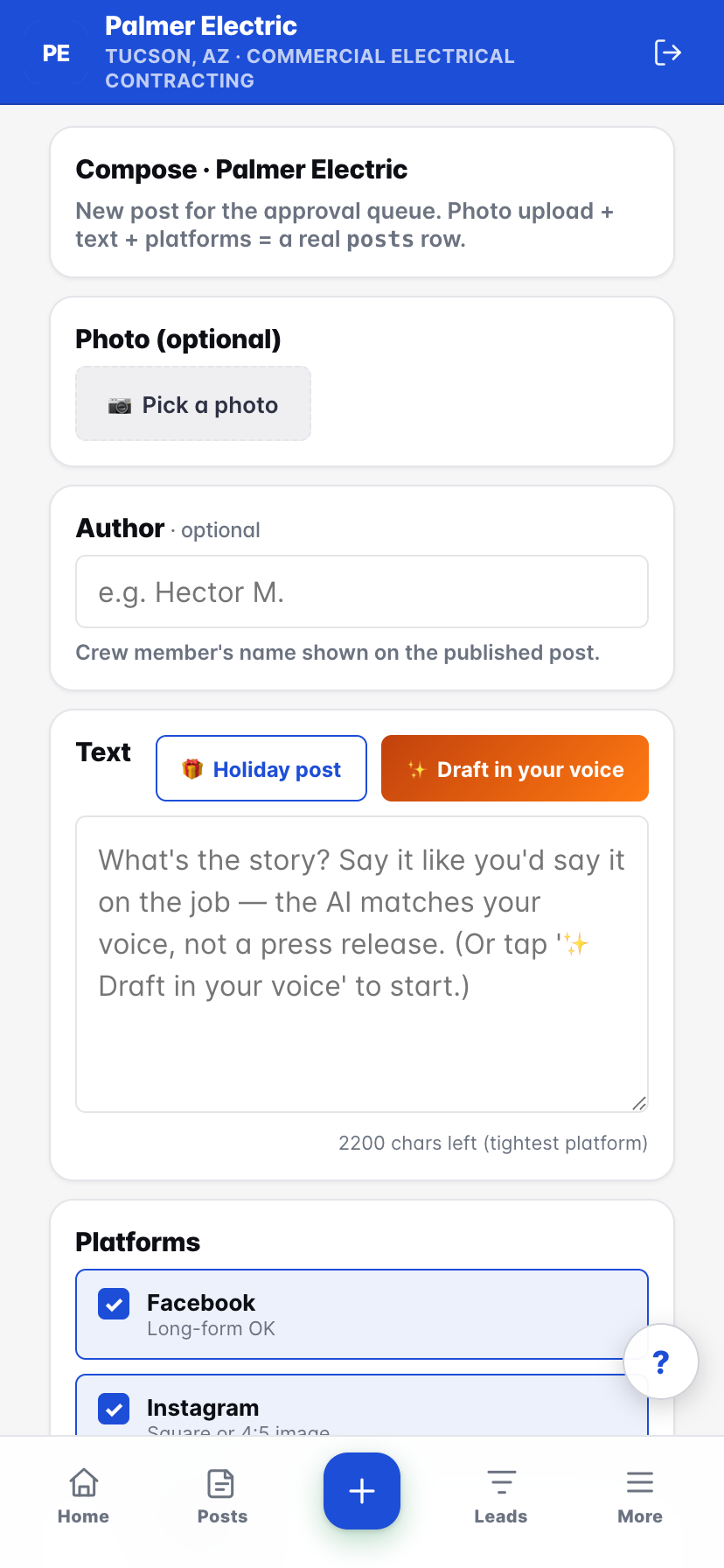 AI composer drafting a post in your brand voice with platform selectors for Facebook, Instagram, LinkedIn, GBP